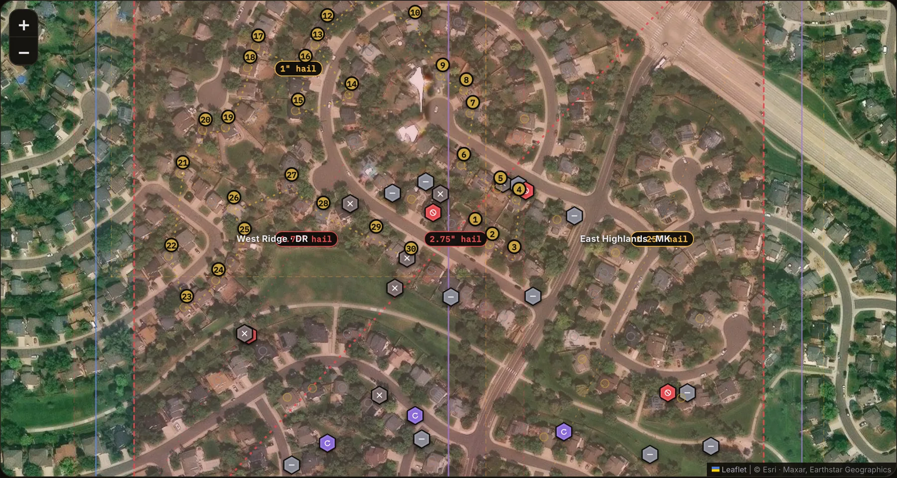 A wide view of the live Canvass Pro map: the 2.75 inch hail swath outlined over a real neighborhood, territory boundaries, disposition coins, and a 30 stop route numbered through the damage path.